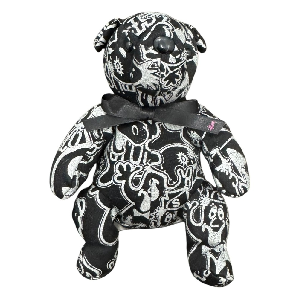 Stussy Plush Bear Unisex OS Black Good 00s Graffiti Doodle Print Bow Toy